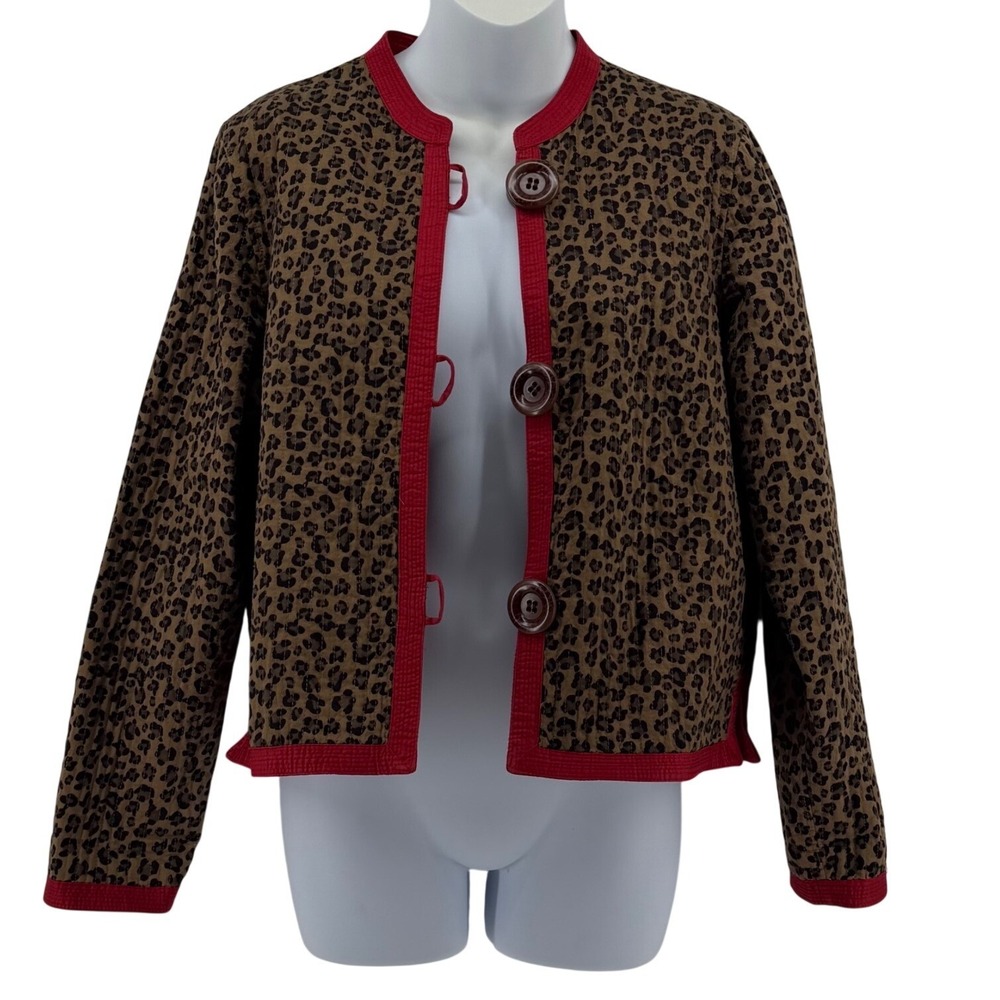 Patty Kim 100% Cotton Quilted Reversible Leopard Print Jacket Women Small Red